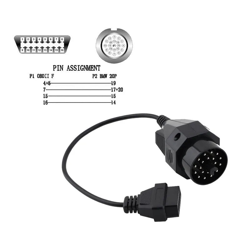 BMW OBD2 diagnostic adapter cable with 20-pin and 16-pin connectors