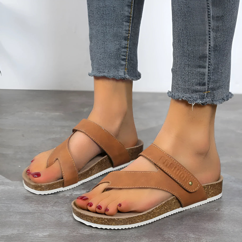 Women's blue thick-soled flip-flops with flat toe ring design on artificial PU upper