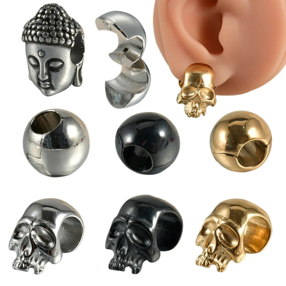Hollow skull Buddha stainless steel earrings with geometric hip hop styling in auricle piercing design