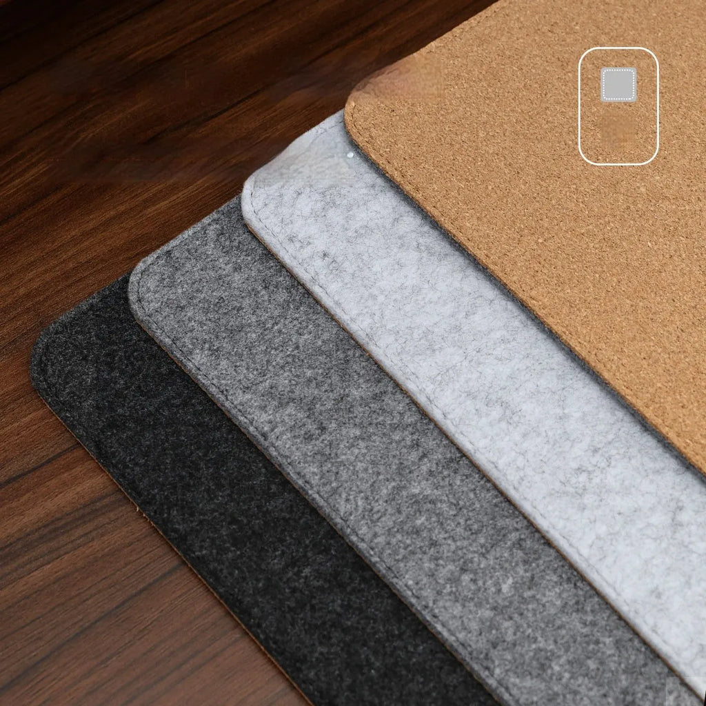 Grey felt-cork office desk mat in Japanese minimalist style on wooden desk
