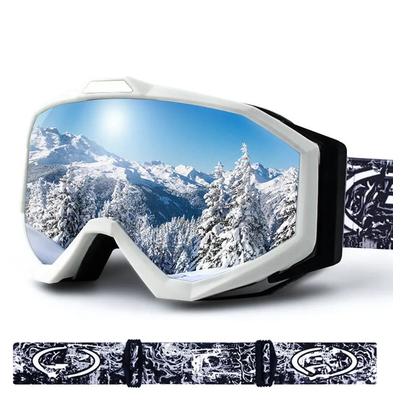 Double layer motorcycle goggles with TPU frame and anti-fog lens in black red blue or silver with storage bag