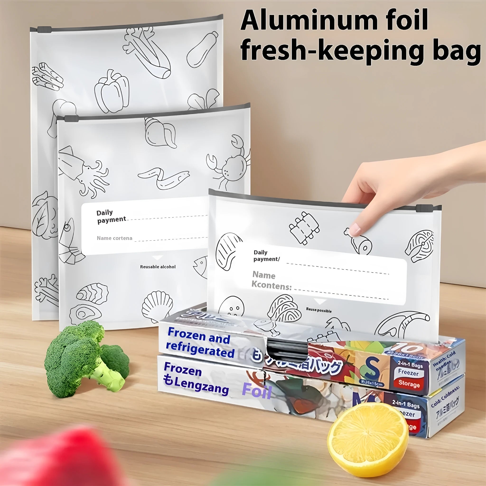 Set of aluminium foil sealed food storage bags and boxes in three different sizes on a kitchen counter.
