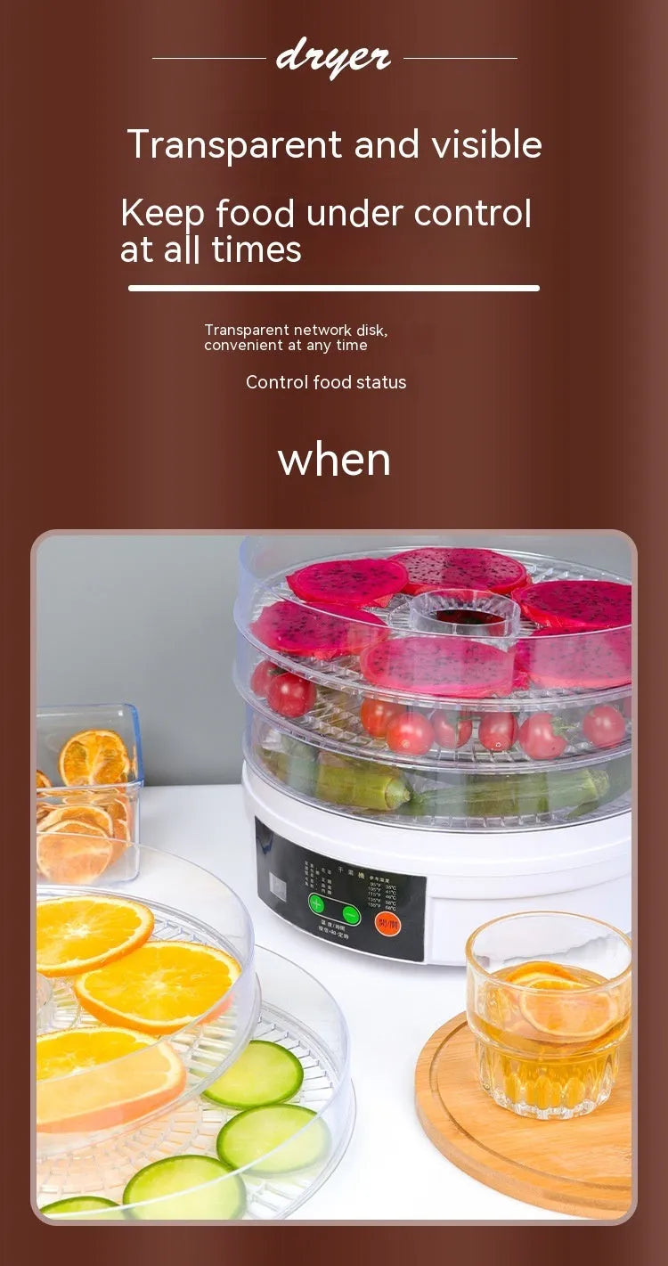 Five-layer household fruit dehydrator food dryer with multiple drying trays and adjustable temperature control