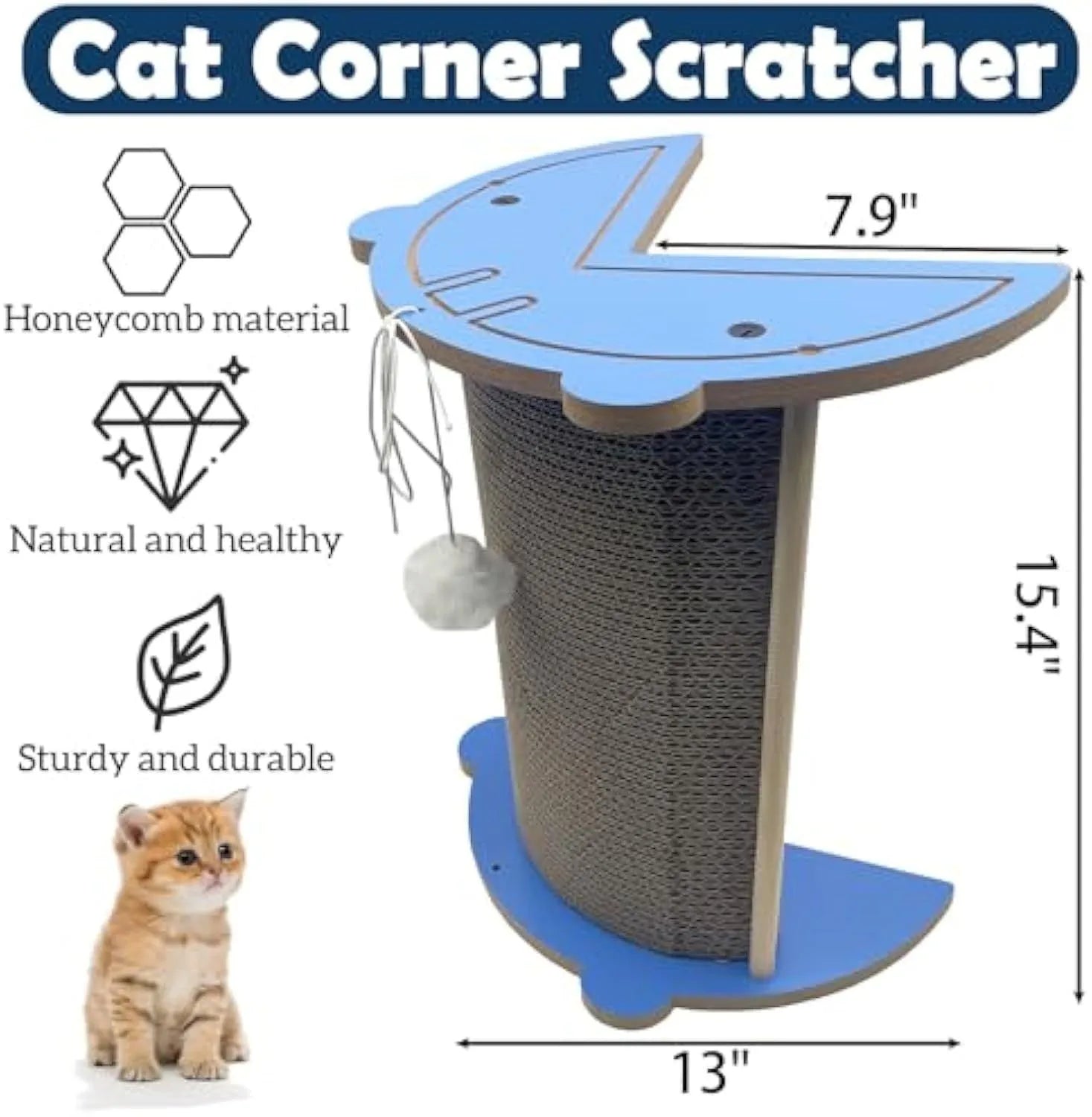 Grey cardboard cat corner scratcher with hanging ball against a wall