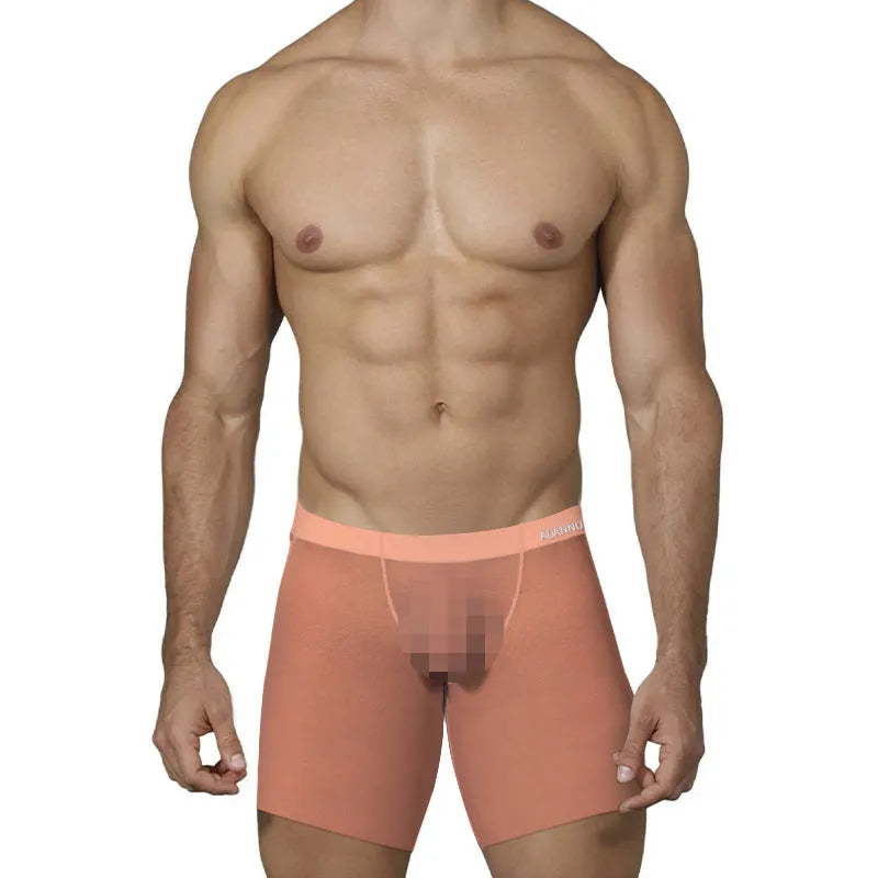 Men's solid colour ice silk boxer shorts in orange, showing low waist design.