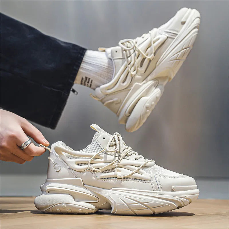 Men's beige mesh sneaker with PU leather upper and rubber sole showing lace-up front design