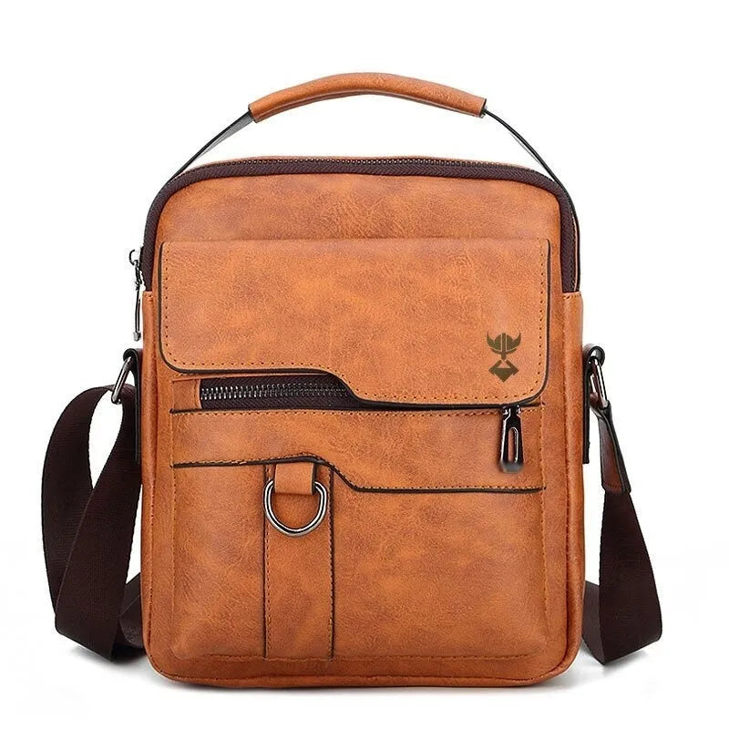 Men's khaki PU leather casual shoulder bag with zipper and crossbody strap, shown with dimensions 22x27x8 cm.