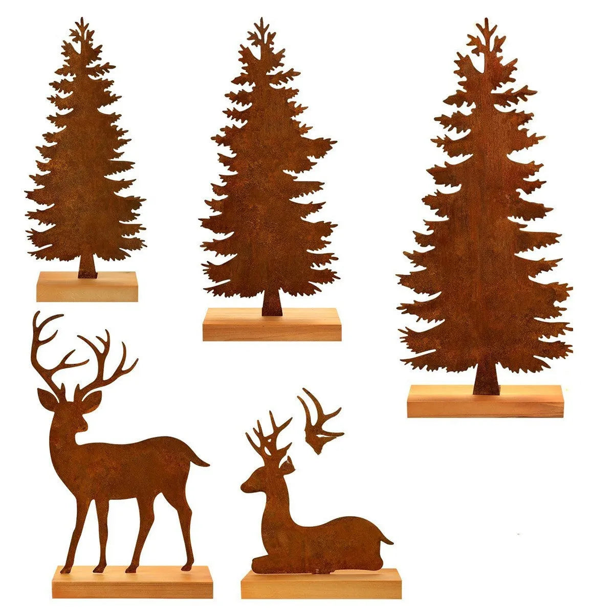 Three rustic metal Christmas tree ornaments shaped like elk with an oxidised iron finish.