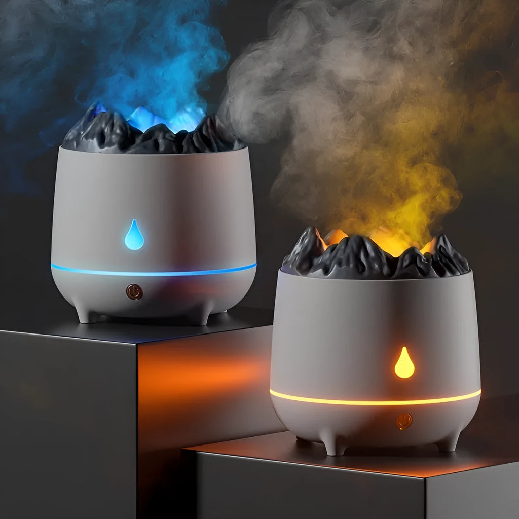 White volcano-shaped ultrasonic humidifier with USB cable on wooden table