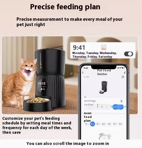 Black and white intelligent pet feeder with automatic timing and remote feeding functions