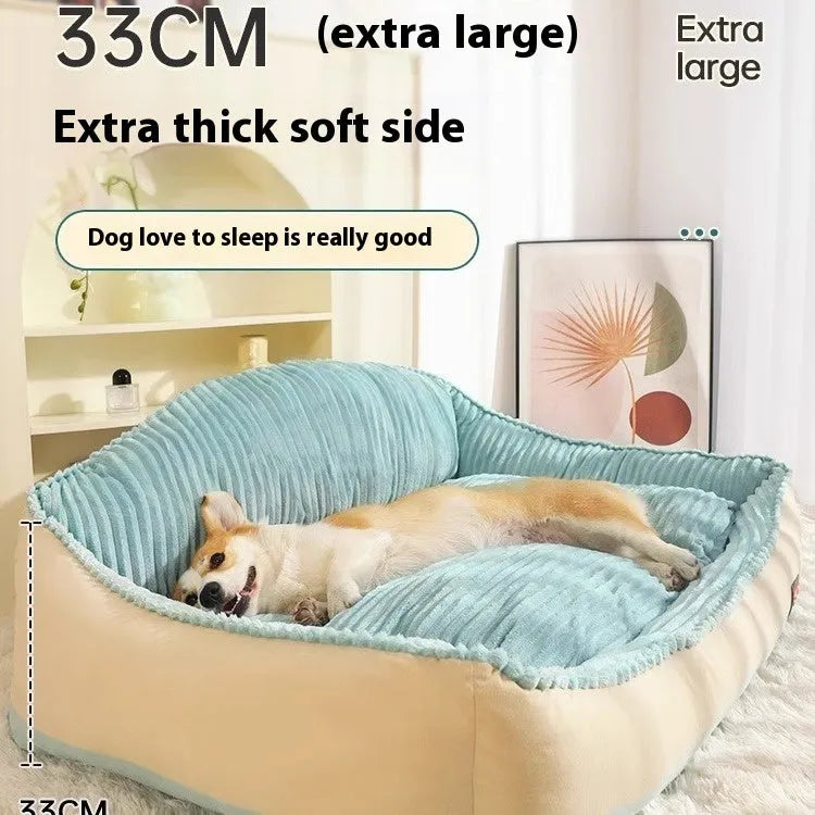 Morandi colour removable cover pet bed for dogs or cats, shown in medium and large sizes.