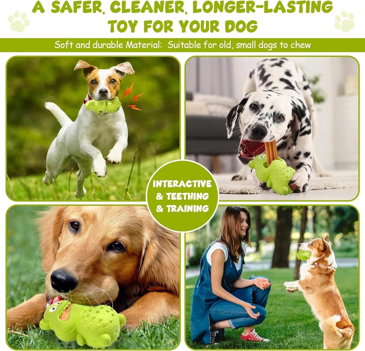 Green natural rubber dog chew toy for aggressive chewers with treat-filling hole