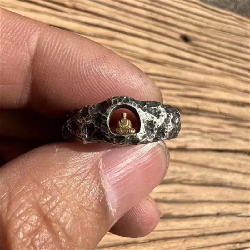 Hand-forged copper grotto Buddha ring with rock texture surface in size 8 measurement