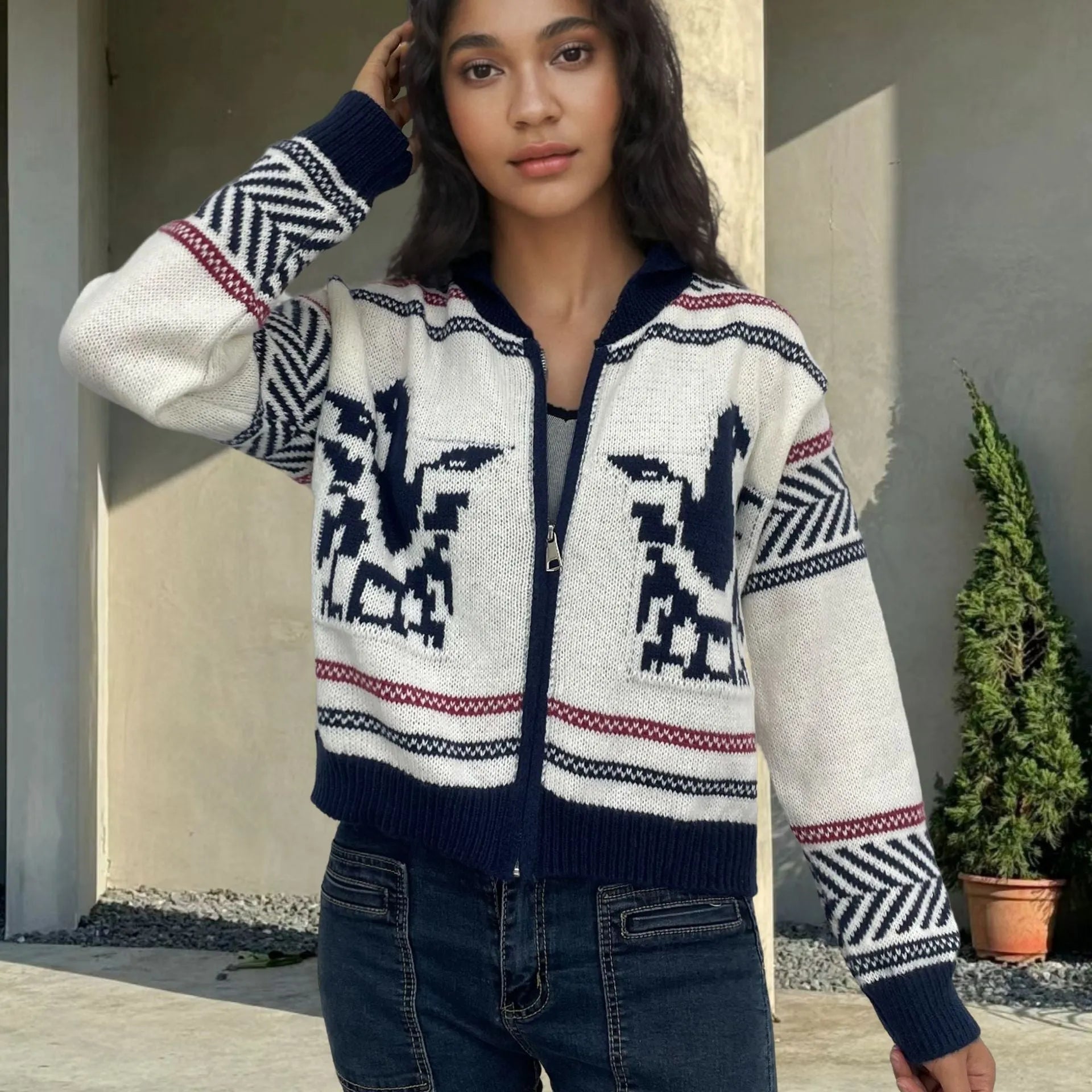 White women's zip-up cardigan with jacquard stripe pattern and lapel collar