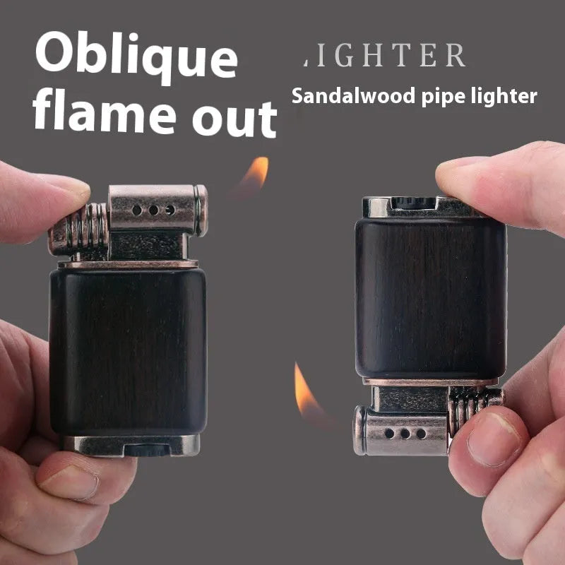 Ebony gas lighter showing four wooden design variations: Black Wood, Rosewood Sun Surface, Rosewood Good Luck and Red Wood Tube