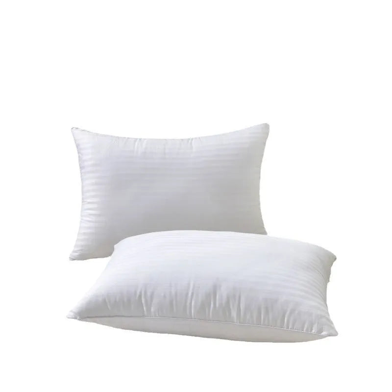 White cotton satin stripe pillow with feather and cotton fill, shown in three different sizes.