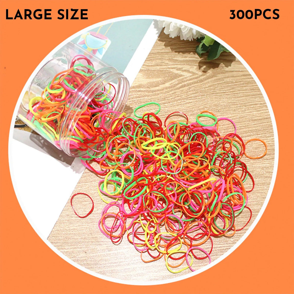 Assortment of colourful small TPU baby hair ties in a reusable plastic container.