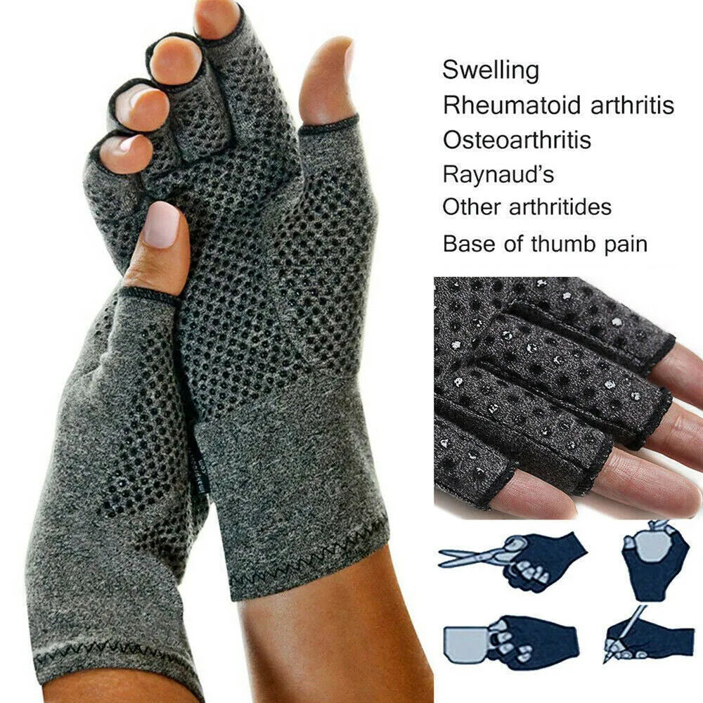 Grey half-finger compression gloves with anti-slip grip on palm surface