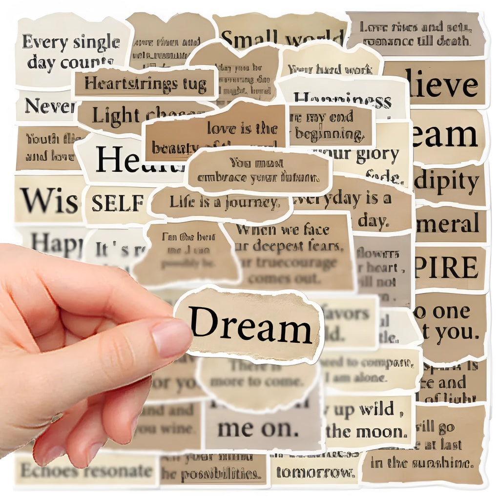 Set of 25 tear English text decorative PVC stickers for laptops and phones.