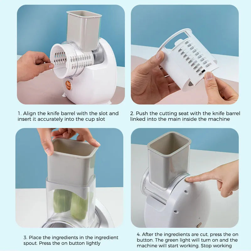 White electric vegetable slicer with rotary grater system and suction base on kitchen counter