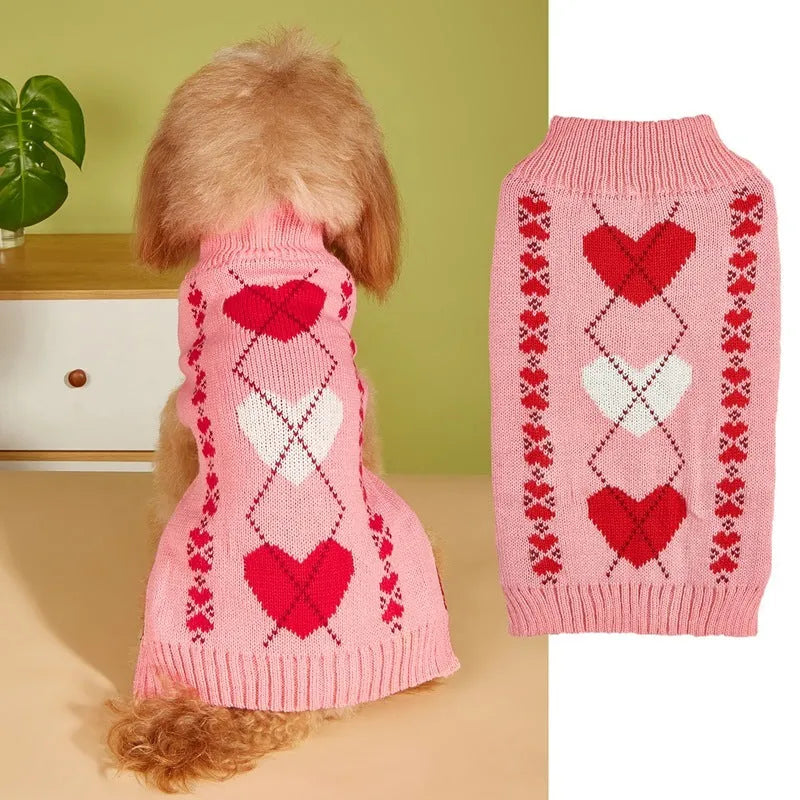 Red love heart and pink bow design on an acrylic dog sweater for small to large pets.