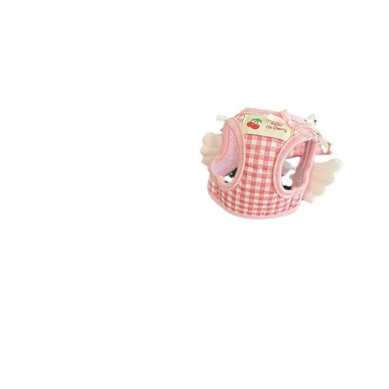 Small dog harness with chest and back attachment points in cotton fabric, pink or black colour options