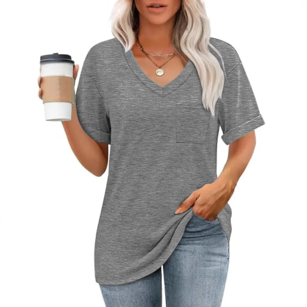 Grey loose fit V-neck T-shirt with front pocket and short sleeves