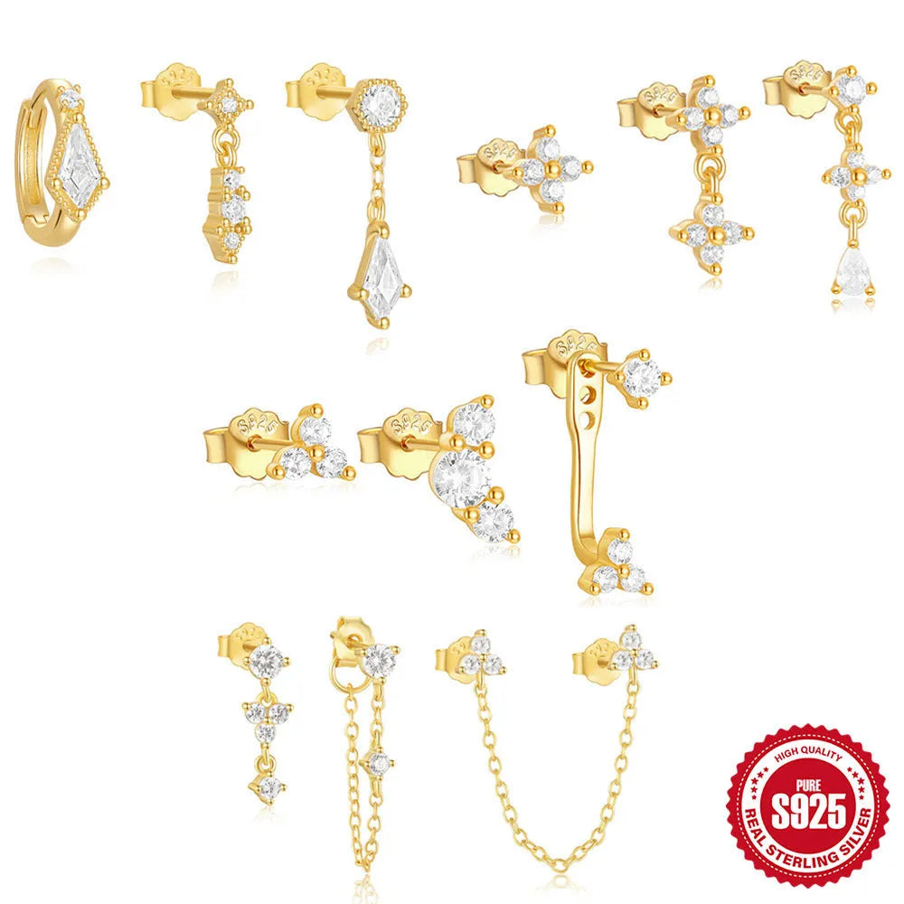 S925 sterling silver geometric zircon tassel earring set with three gold-tone stud pieces