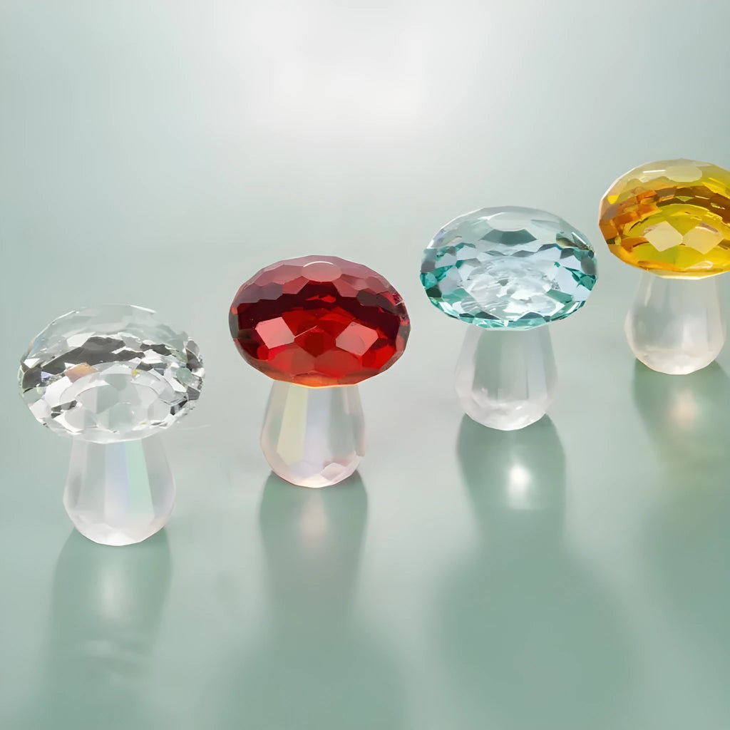 Colourful crystal mushroom decoration in modern geometric style on a white background.