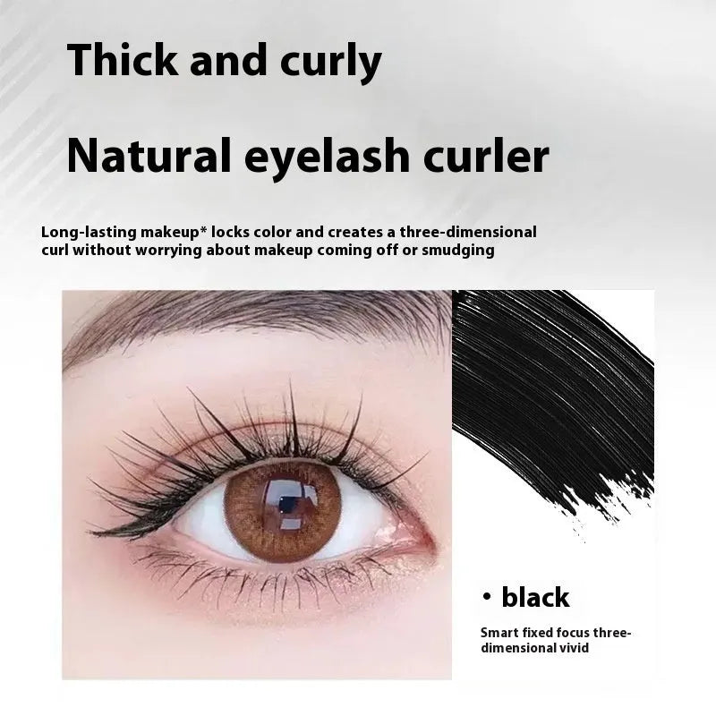 Black and brown waterproof mascara in a steel tube, shown with an optional eyelash curler.