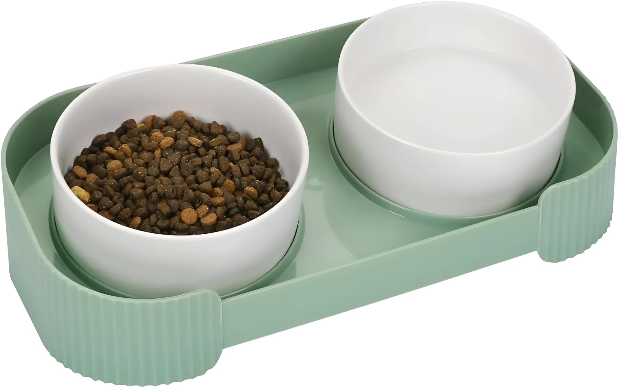 Green and white ceramic elevated cat bowls on a tilted stand with non-slip base