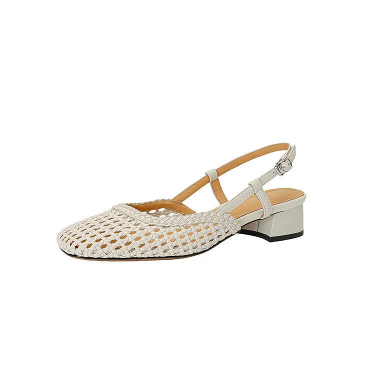 Women's beige woven closed toe sandals with square head and buckle strap