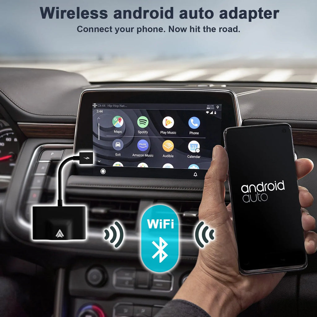 Car wired to wireless Android system adaptor in black or white, shown next to a steering wheel.