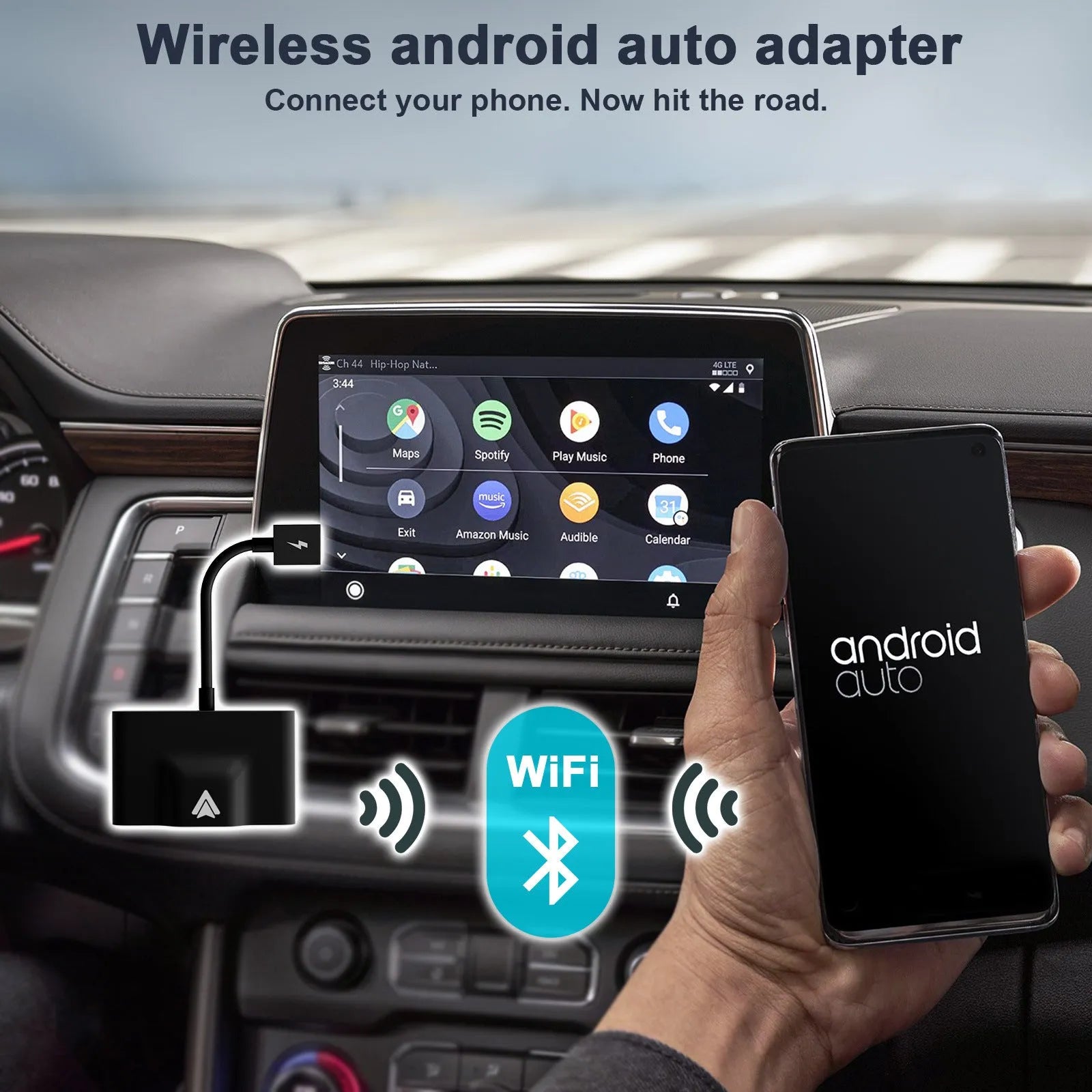 Car wired to wireless Android system adaptor in black or white, shown next to a steering wheel.