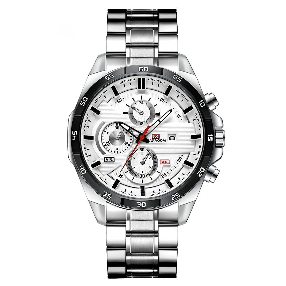 Men's waterproof calendar quartz watch with leather strap and metal case options