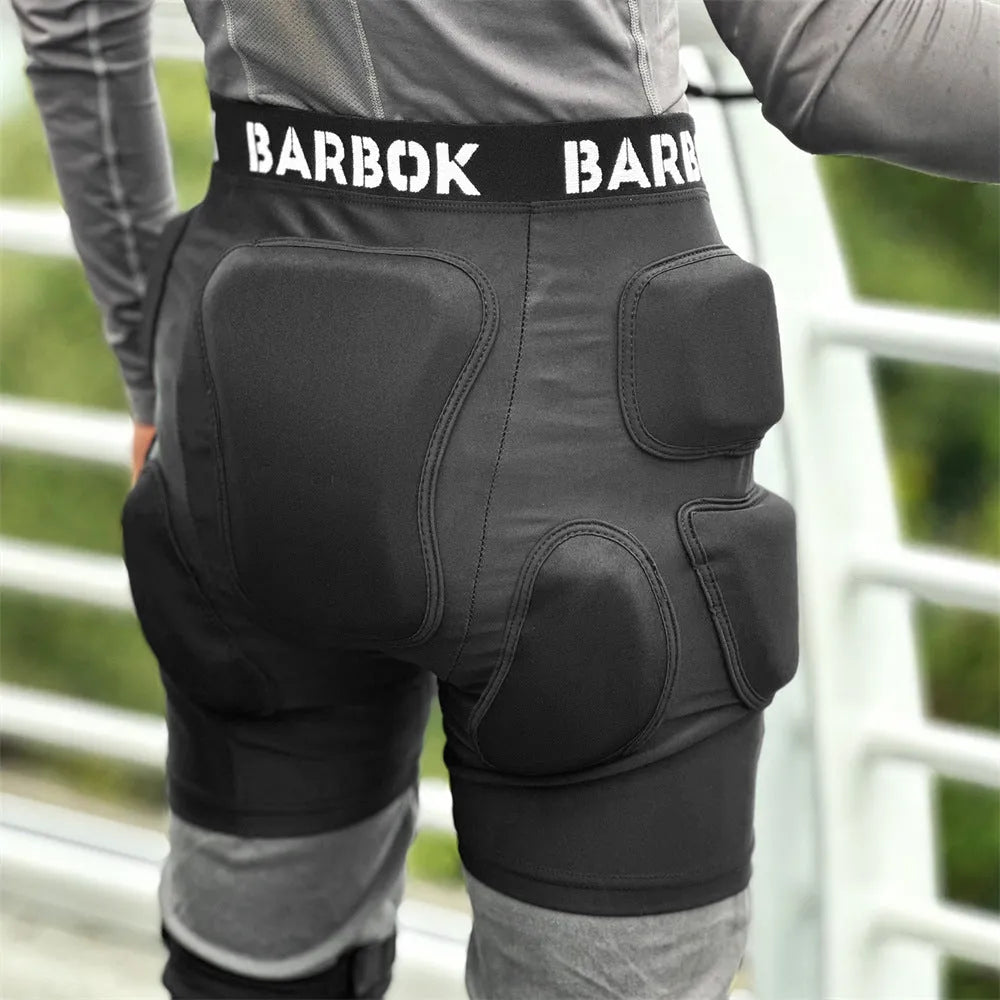 Black Spandex and NBR foam hip protection pad for sports like roller skating and skateboarding.
