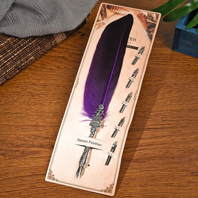 Vintage feather dip pen in 10 colours with zinc alloy construction and 30cm length