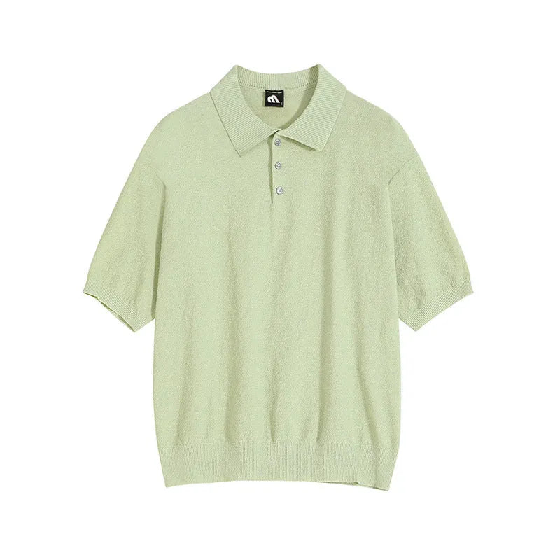 Men's retro knitted polo shirt in caramel colour with short sleeves and asymmetric styling detail