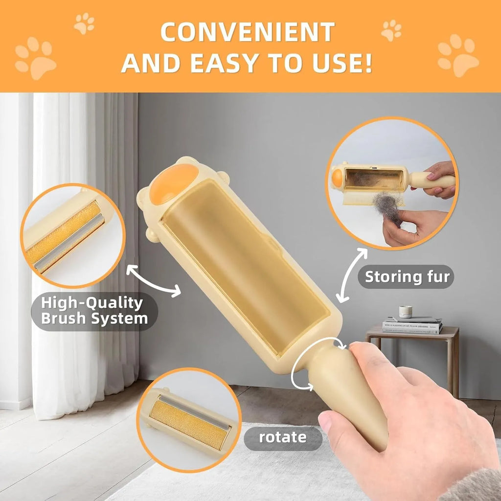 Blue reusable pet hair removal tool with a handle and roller, designed for furniture and car seats