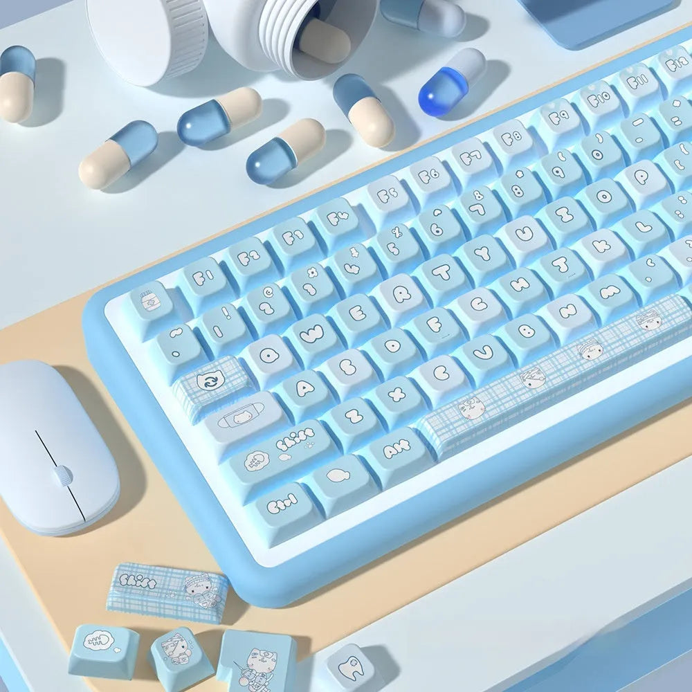 Custom watercolour cat design mechanical keyboard keycap set in PTB material, showing colourful artwork.