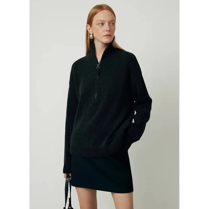 Women's wool bandage top with loose lapels in black or mountain rain grey, long sleeve pullover
