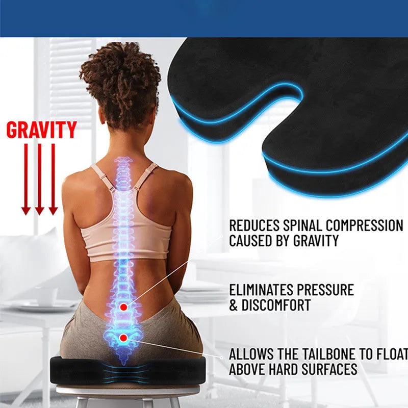 Black U-shaped memory foam seat cushion for office chairs.