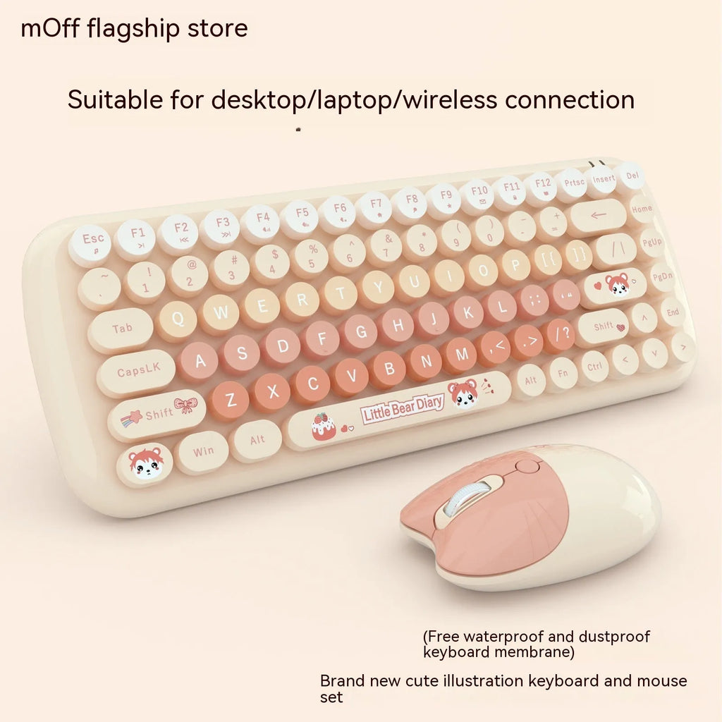 Candy pink wireless keyboard and mouse set with miniature cartoon design on a desk.