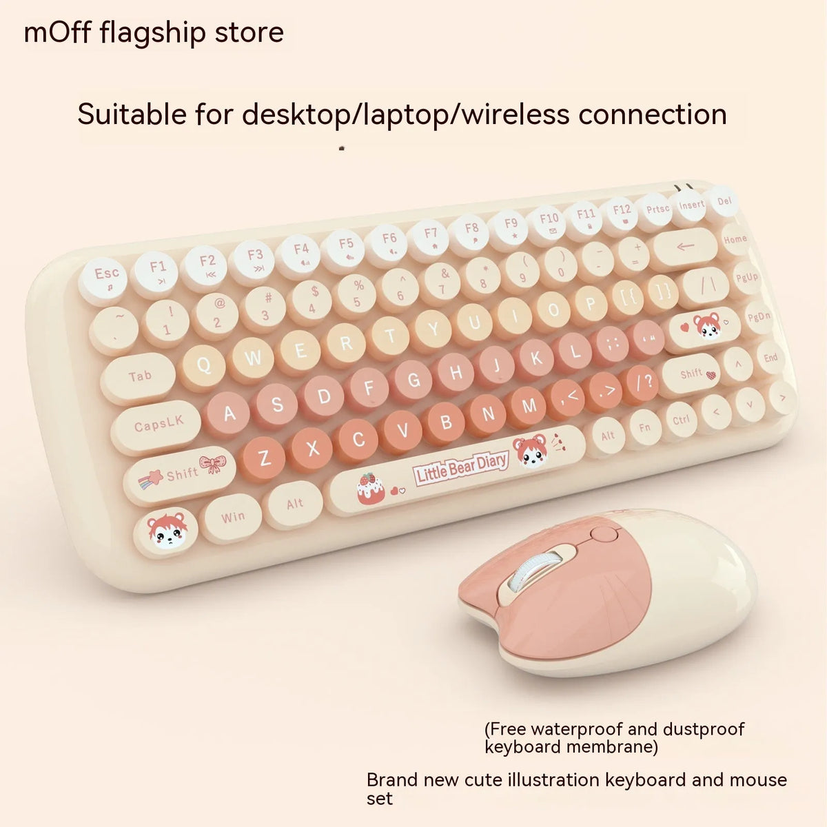 Candy pink wireless keyboard and mouse set with miniature cartoon design on a desk.