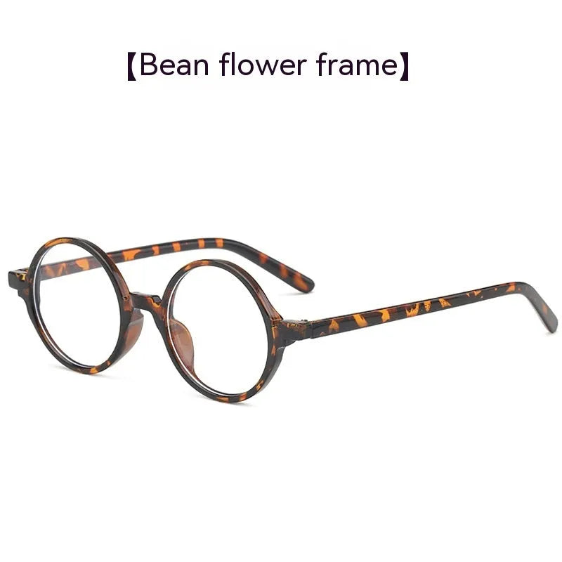 Retro round glasses with no diopters in bright black, sand black, tofu pudding, and transparent grey colours