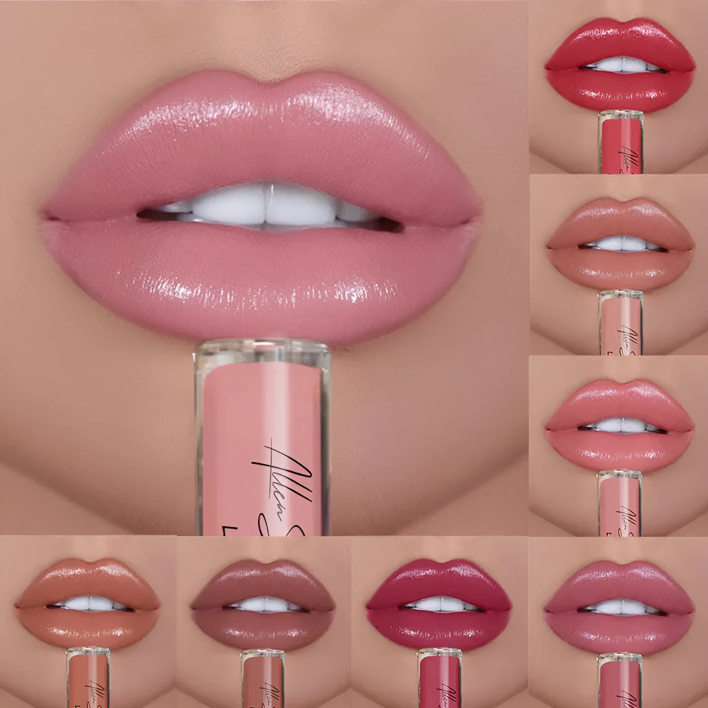 Mineral-based lip gloss tube with silky cream texture in one of 12 available colour options