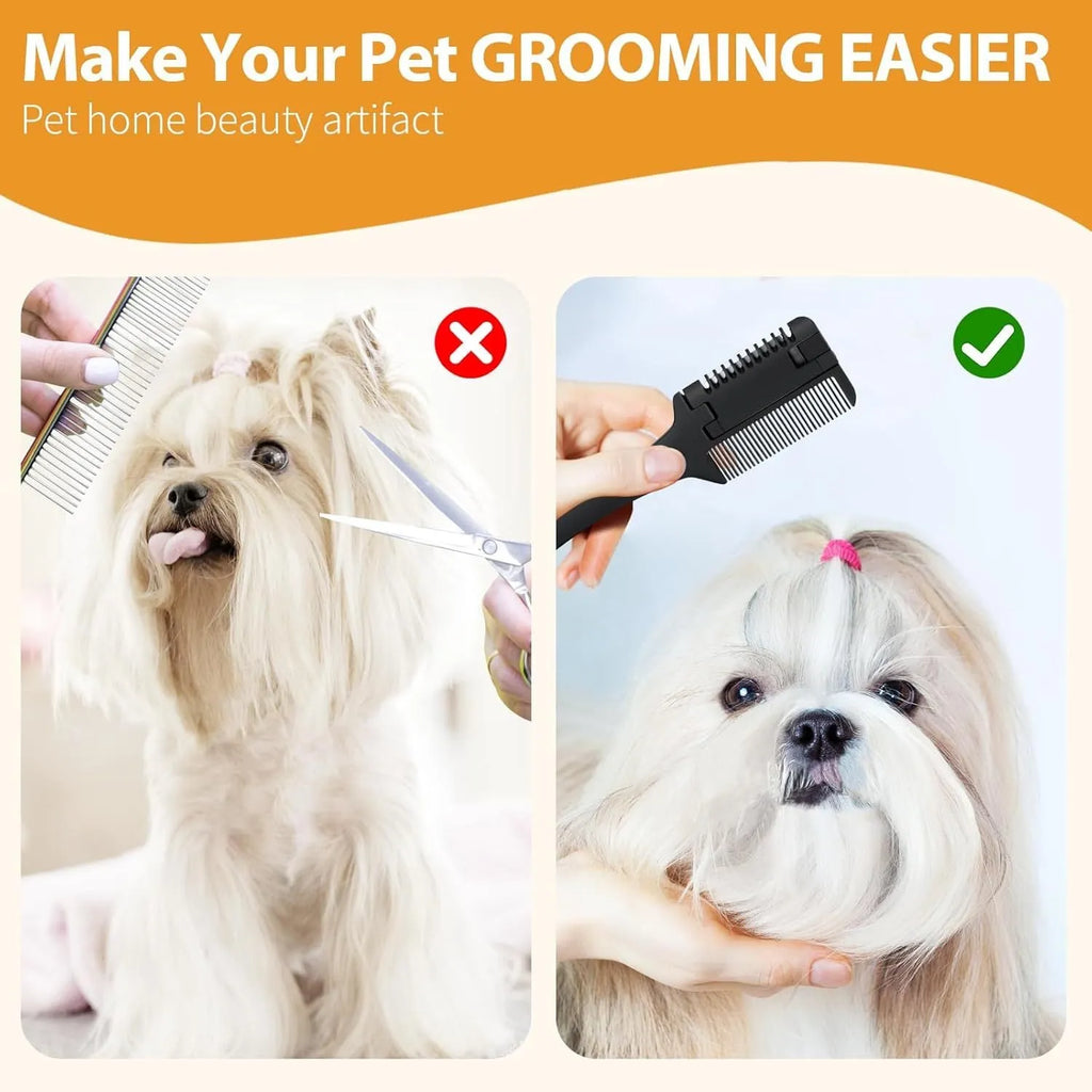 Pet razor comb for dogs and cats with ten spare blades on a white background.
