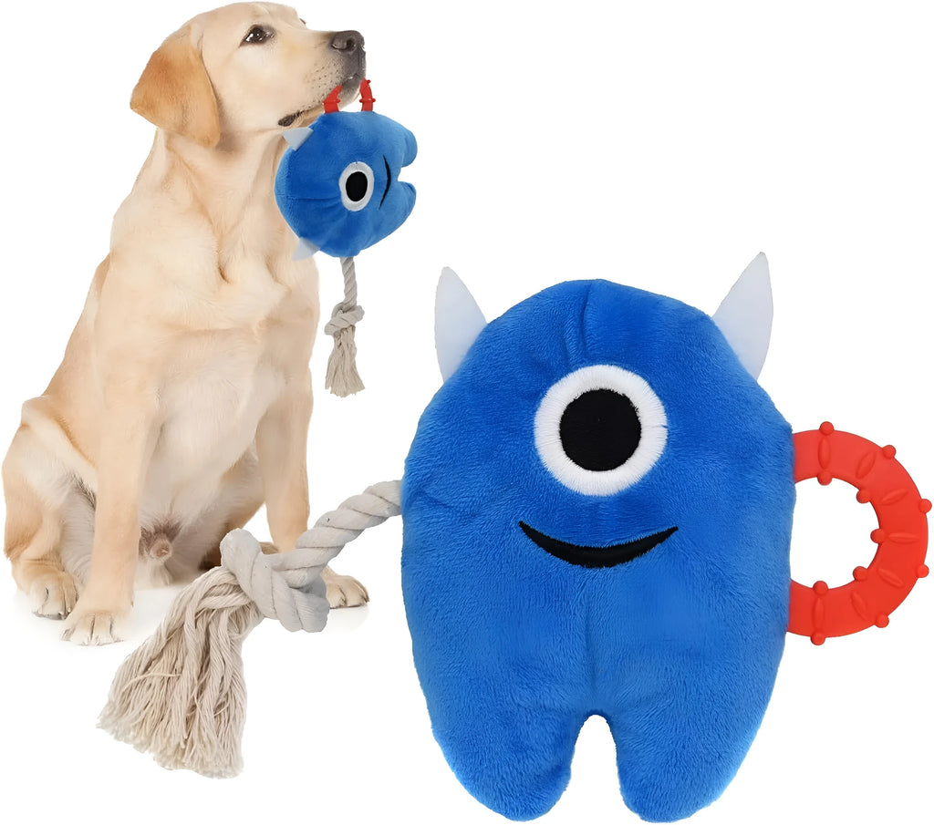 Blue and green plush monster dog toy with integrated cotton rope tug handle