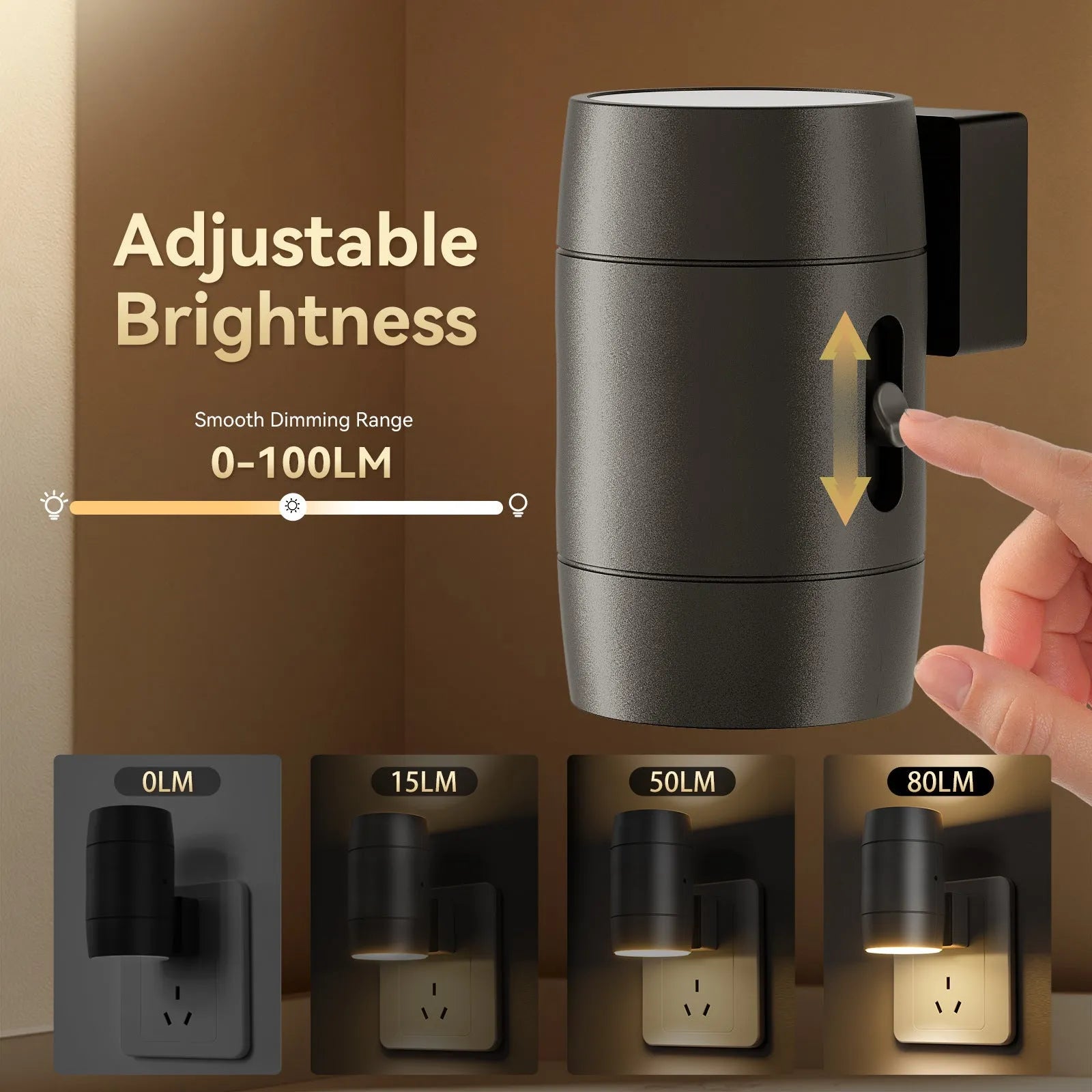 Small white plug-in night lamp with a rotatable light head on a bedside table.