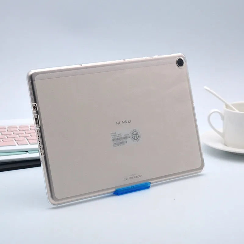 Clear ultra-thin silicone protective case for a tablet, showing minimalist design and TPU bumper.